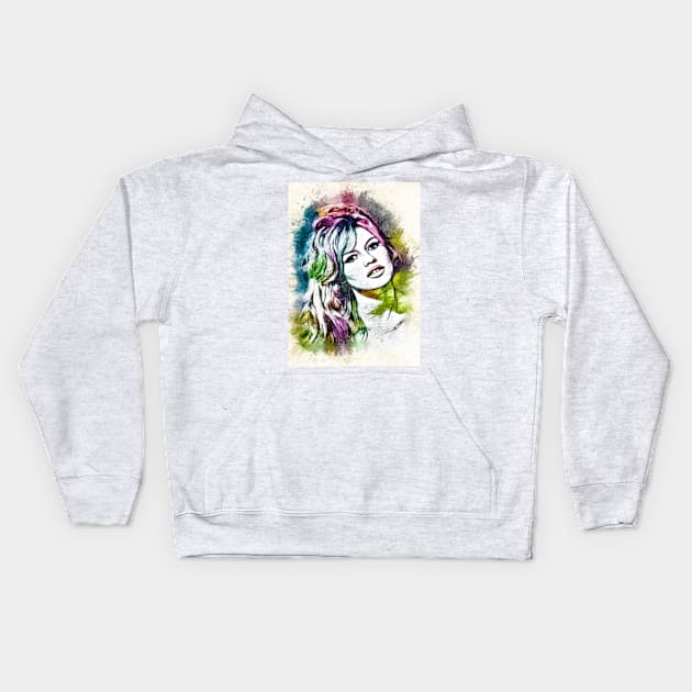 Beautiful Brigitte Bardot Color Portrait Watercolor Fan Art Tribute Kids Hoodie by Naumovski